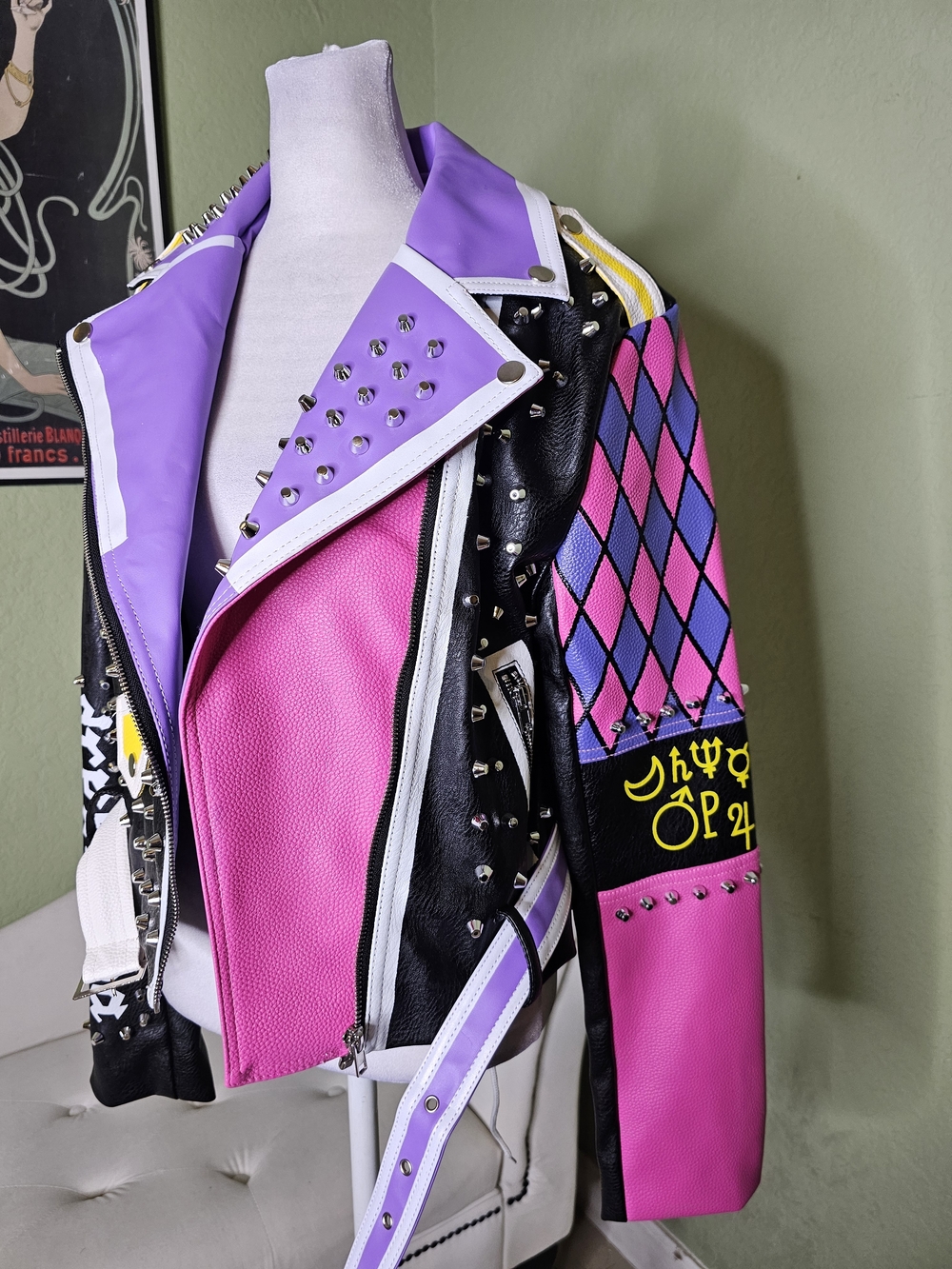 Azalea Wang Studded Colorblock Faux Leather Biker Jacket Pink, Lavender & Black - Picture 2 of 5